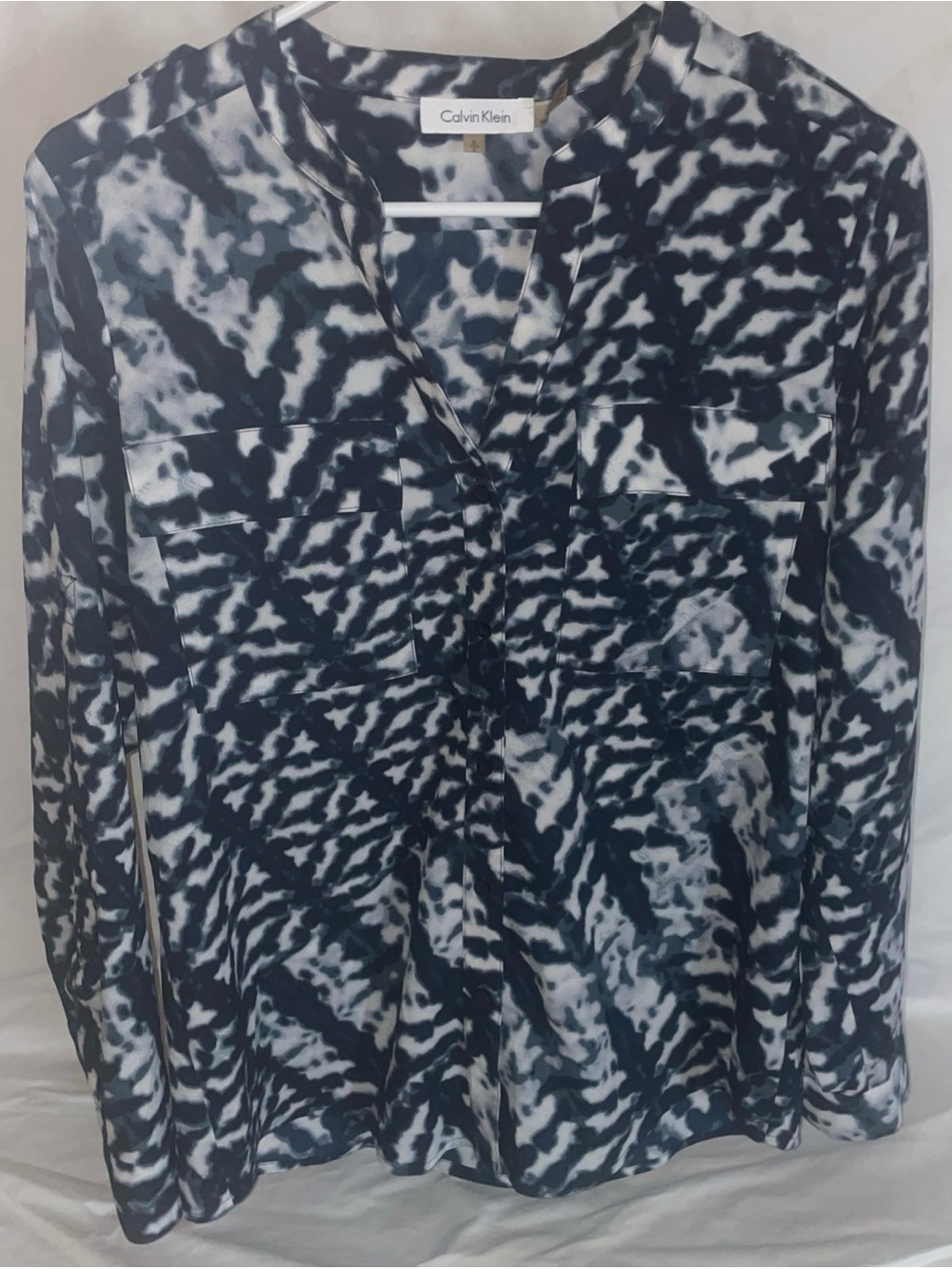 Calvin Klein Navy and White Satin Abstract Top
